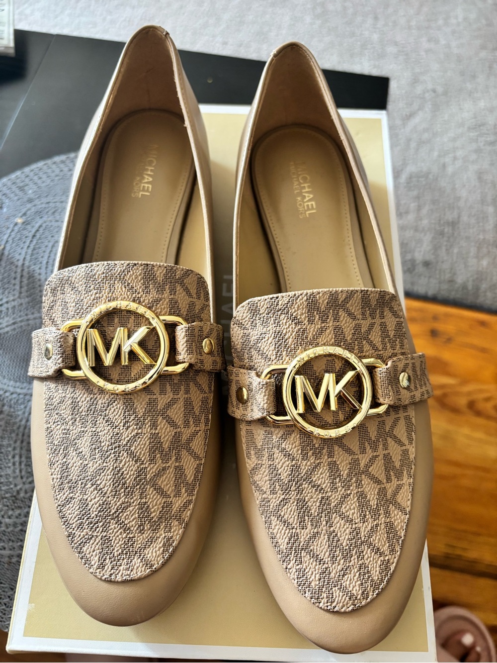 Michael Kors Beige/Tan Logo-Print Gold MK Buckle Loafers